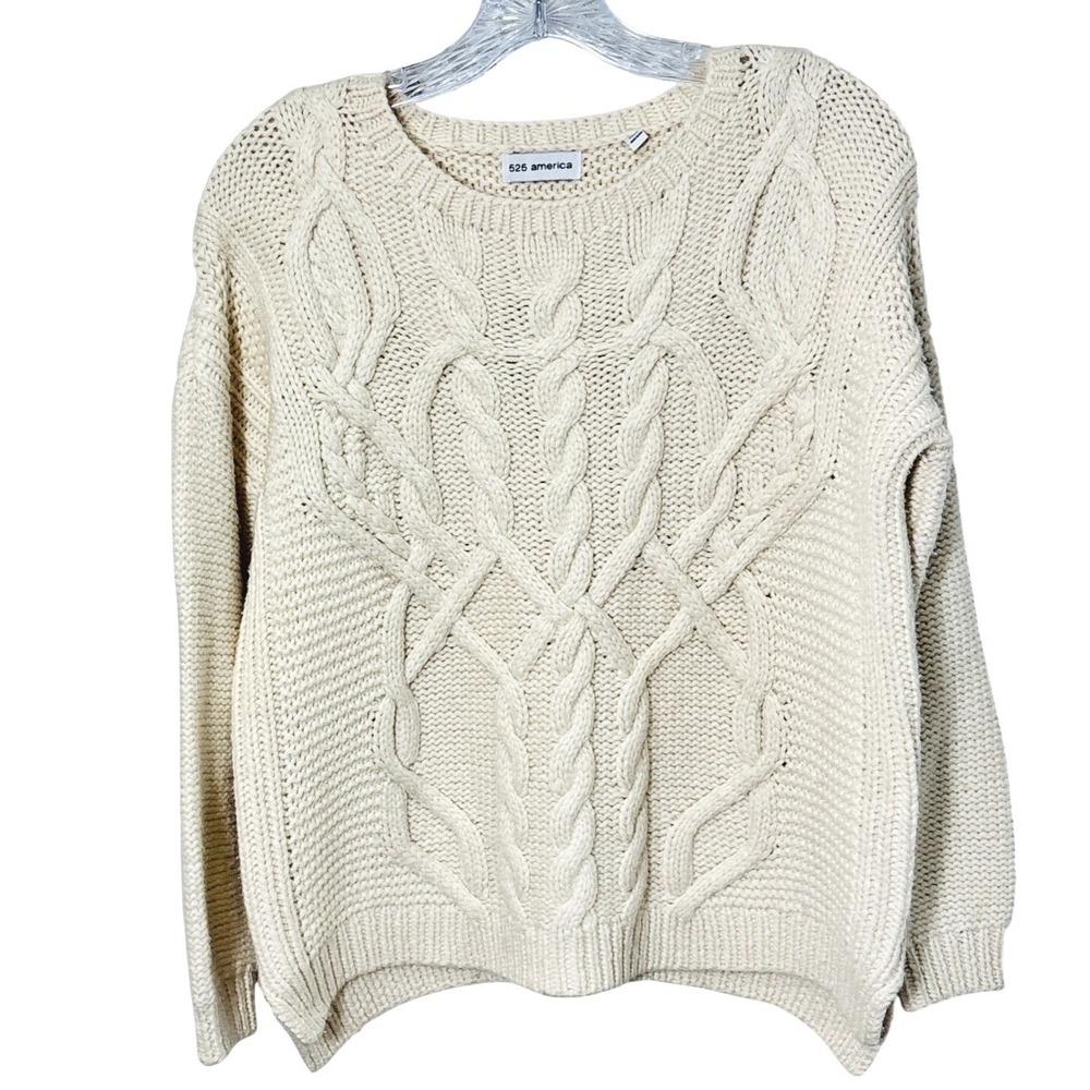 525 America Wool Cashmere Cable Knit Sweater‎ Womens Large Boxy Fisherman Chunky
